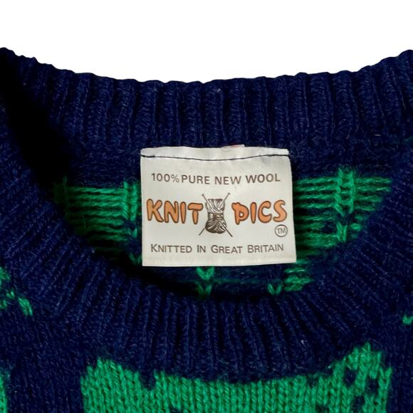 Knit Pics 100% Wool Frog Sweater Pullover Size S Blue Green Long Sleeve Animal - Picture 2 of 7
